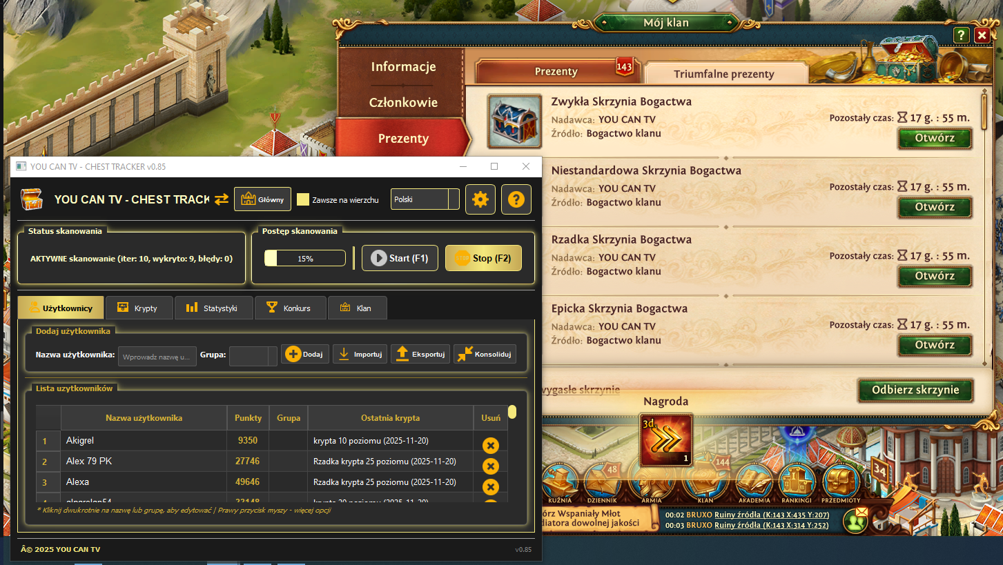 Chest Tracker Elite interfejs główny - automatyczne liczenie skrzyń Total Battle w czasie rzeczywistym, licznik skrzyń klanu totalbattle
